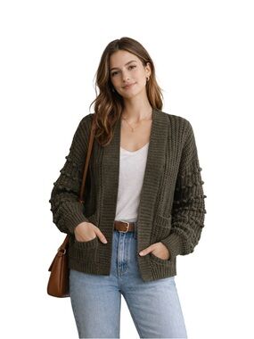 Madewell Bobble Sleeve Cardigan Sweater Small Olive Green Cotton